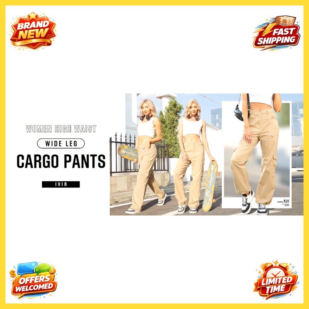 High Waist Wide Leg Cargo Pants with 7 Pockets Stretchy Drawstring Baggy - Picture 7 of 7